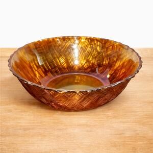 Vintage Amber Iridescent Glass Bowl Scalloped Edge Carnival Style 7”